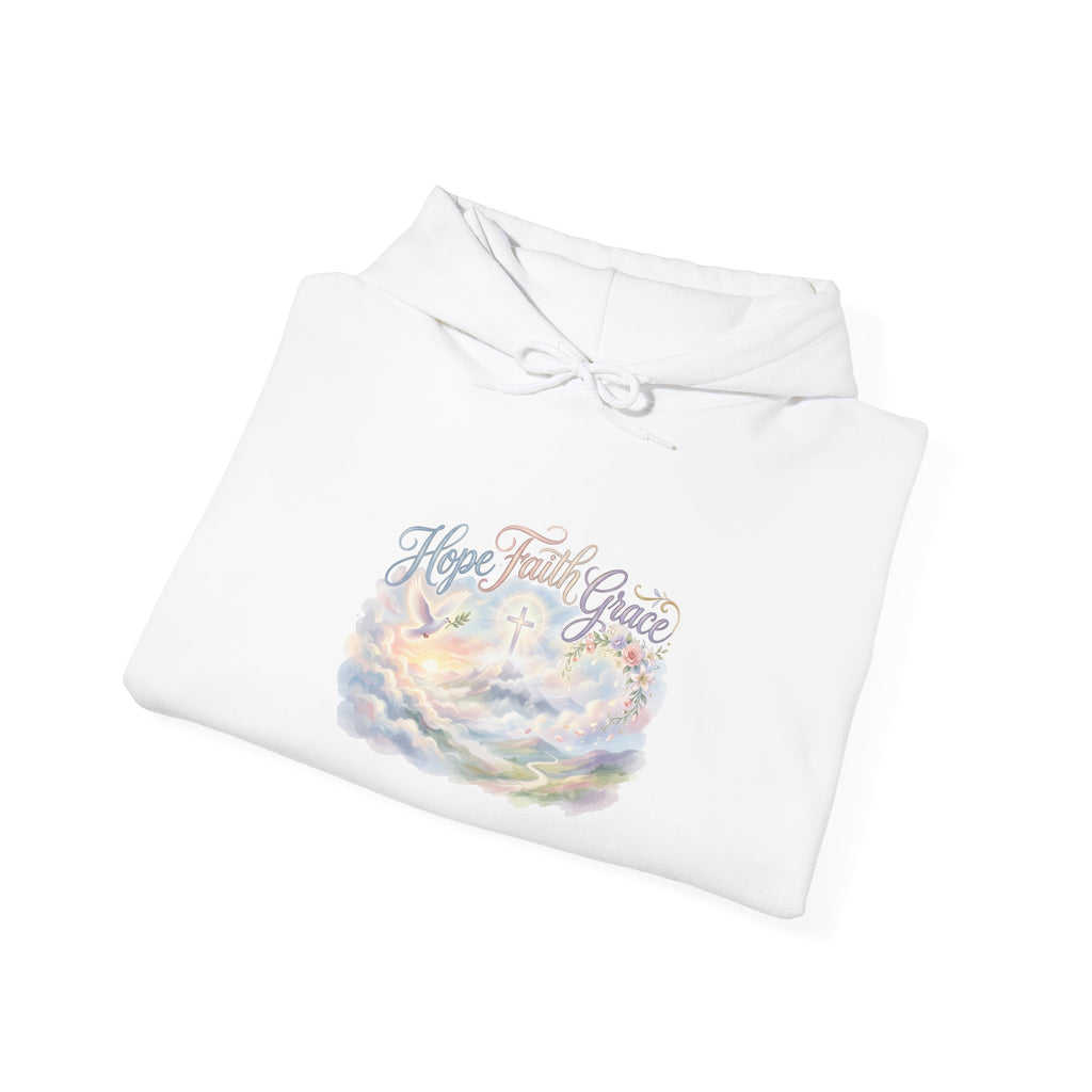 Christian Faith Hoodie – 'Hope Faith Grace' Pastel Heaven Graphic Hoodie