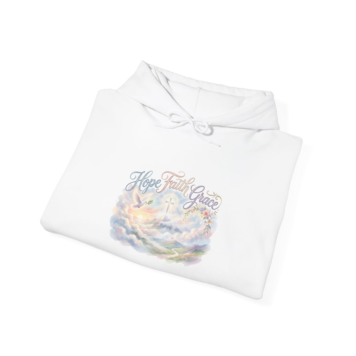 Christian Faith Hoodie – 'Hope Faith Grace' Pastel Heaven Graphic Hoodie
