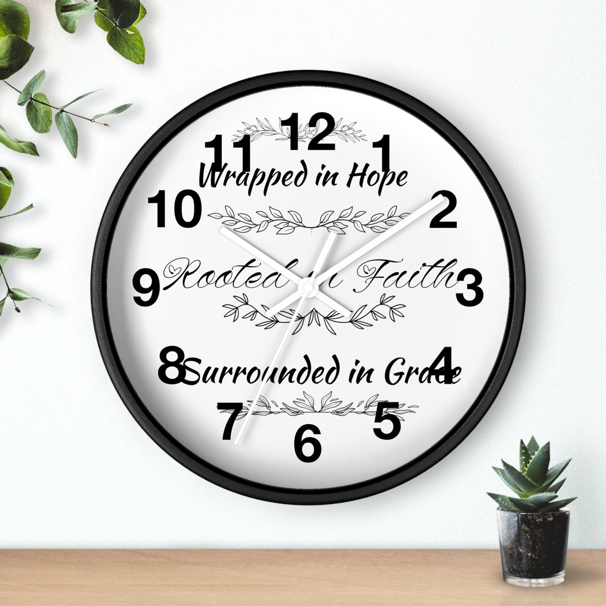 Wall Clock — "Wrapped in Hope, Rooted in Faith, Surrounded in Grace" Inspirational Home Clock