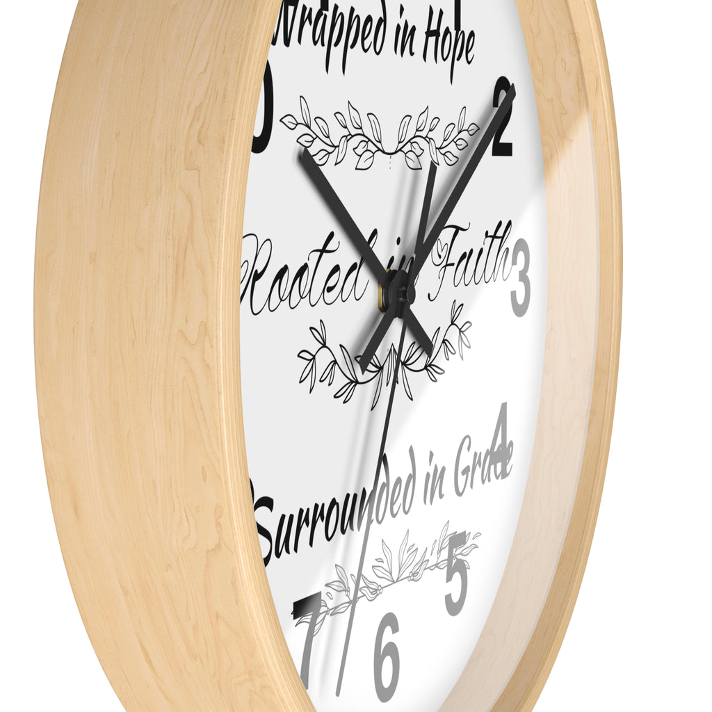 Wall Clock — "Wrapped in Hope, Rooted in Faith, Surrounded in Grace" Inspirational Home Clock