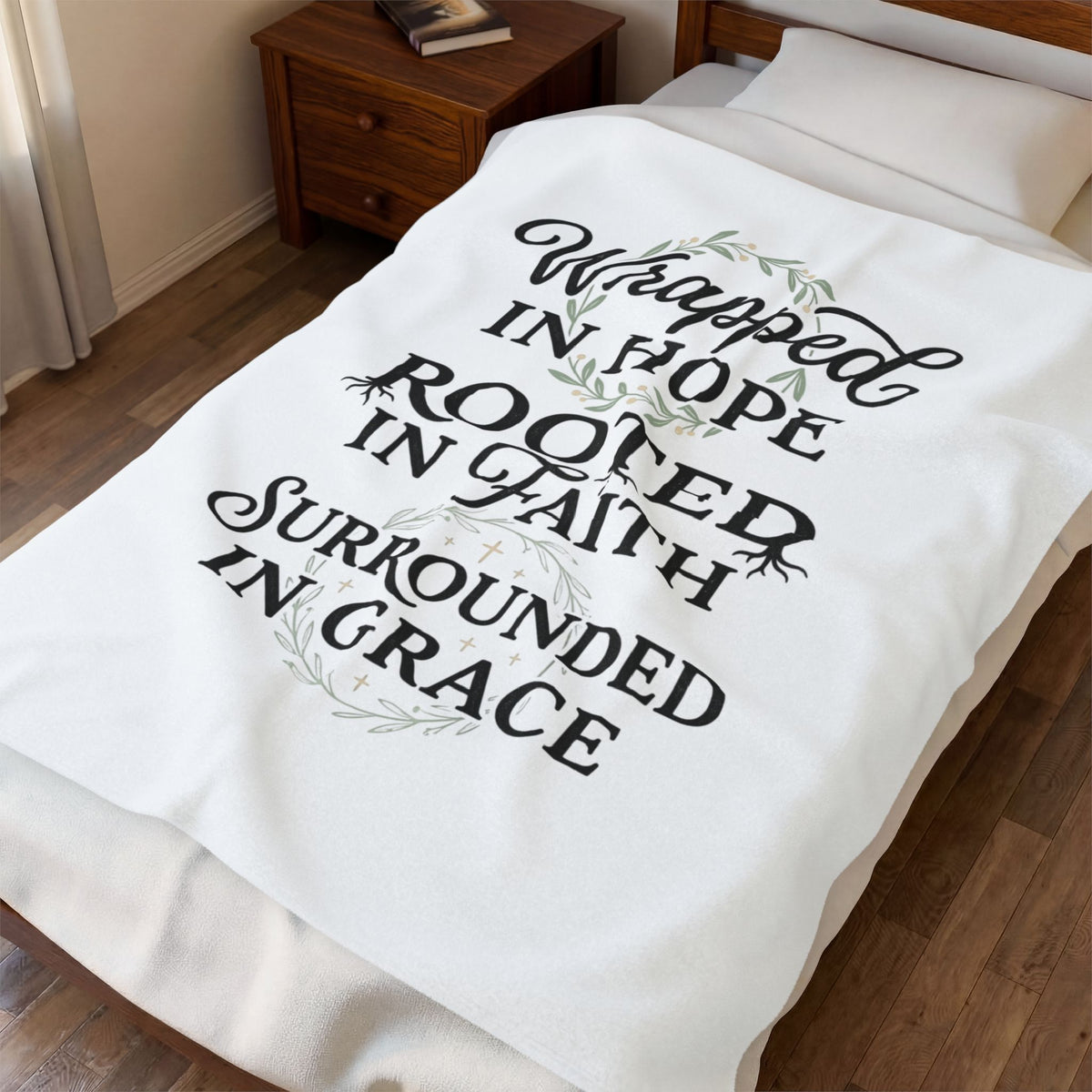 Velveteen Blanket — "Wrapped in Hope, Rooted in Faith, Surrounded in Grace" Inspirational Throw
