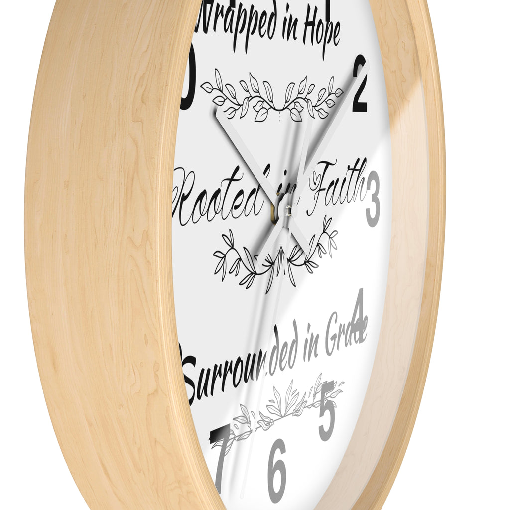 Wall Clock — "Wrapped in Hope, Rooted in Faith, Surrounded in Grace" Inspirational Home Clock