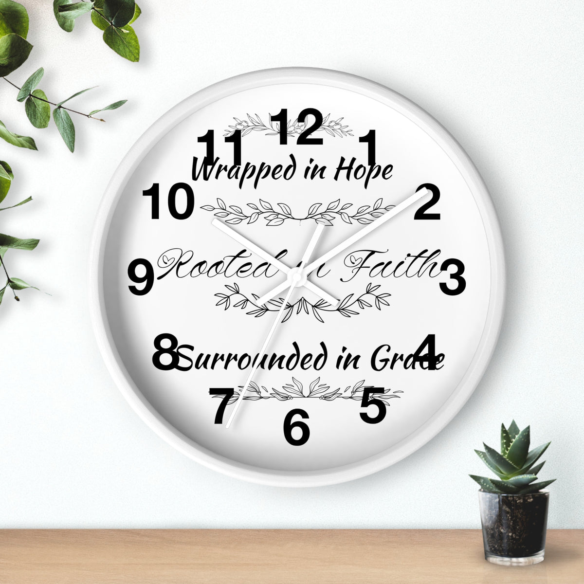 Wall Clock — "Wrapped in Hope, Rooted in Faith, Surrounded in Grace" Inspirational Home Clock