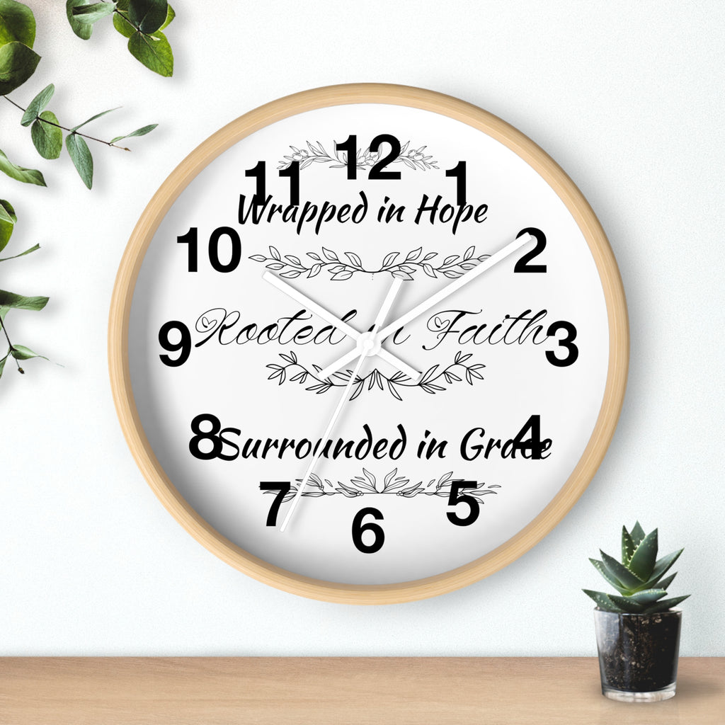 Wall Clock — "Wrapped in Hope, Rooted in Faith, Surrounded in Grace" Inspirational Home Clock