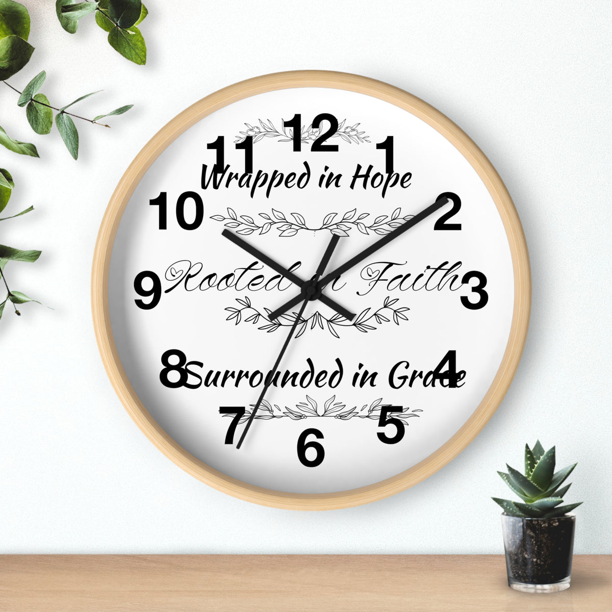 Wall Clock — "Wrapped in Hope, Rooted in Faith, Surrounded in Grace" Inspirational Home Clock