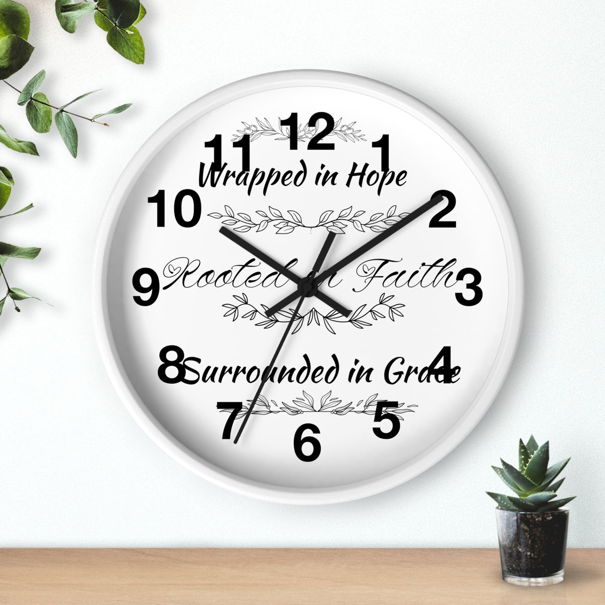 Wall Clock — "Wrapped in Hope, Rooted in Faith, Surrounded in Grace" Inspirational Home Clock