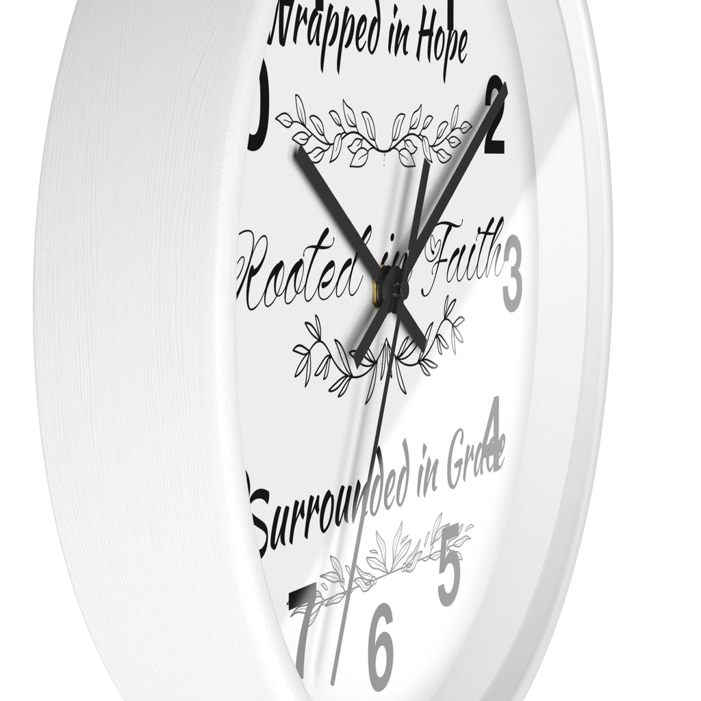 Wall Clock — "Wrapped in Hope, Rooted in Faith, Surrounded in Grace" Inspirational Home Clock