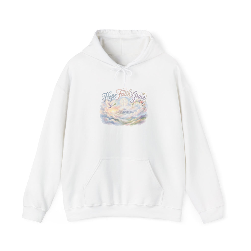 Christian Faith Hoodie – 'Hope Faith Grace' Pastel Heaven Graphic Hoodie