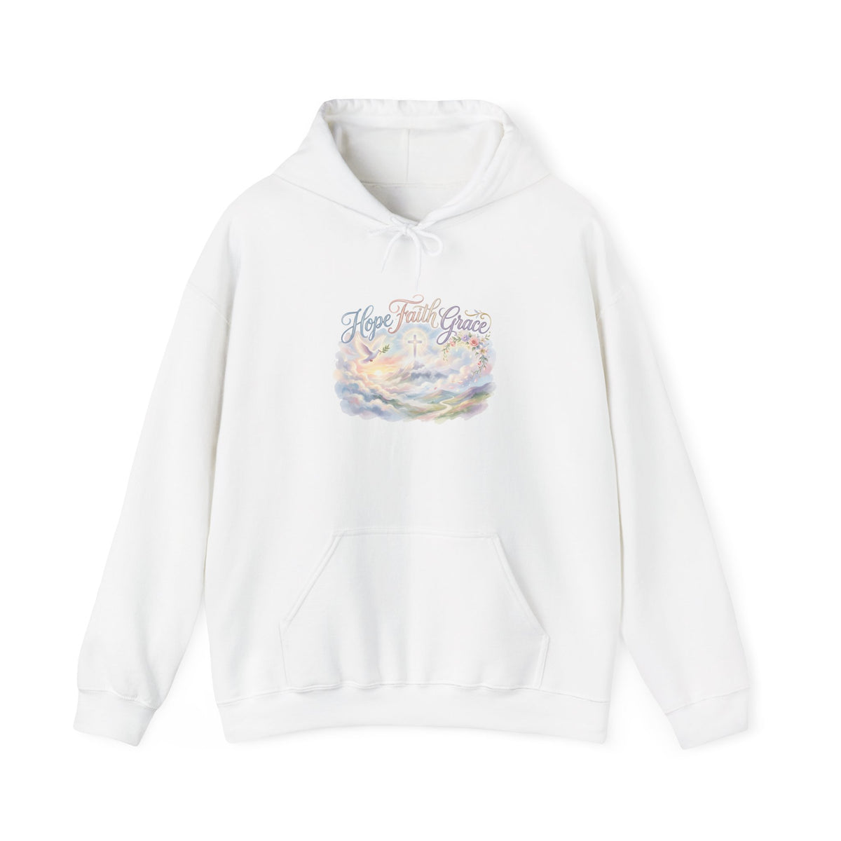 Christian Faith Hoodie – 'Hope Faith Grace' Pastel Heaven Graphic Hoodie