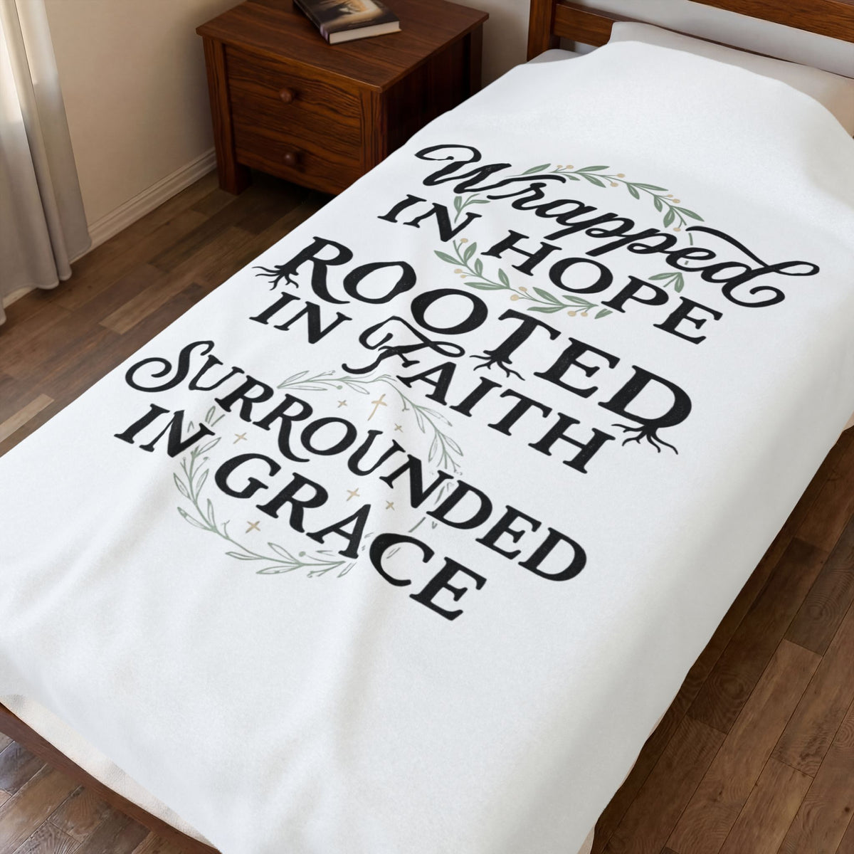 Velveteen Blanket — "Wrapped in Hope, Rooted in Faith, Surrounded in Grace" Inspirational Throw