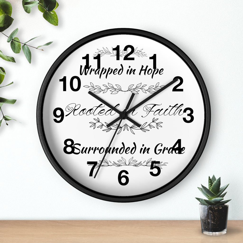 Wall Clock — "Wrapped in Hope, Rooted in Faith, Surrounded in Grace" Inspirational Home Clock