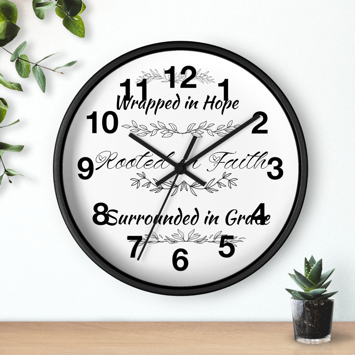 Wall Clock — "Wrapped in Hope, Rooted in Faith, Surrounded in Grace" Inspirational Home Clock